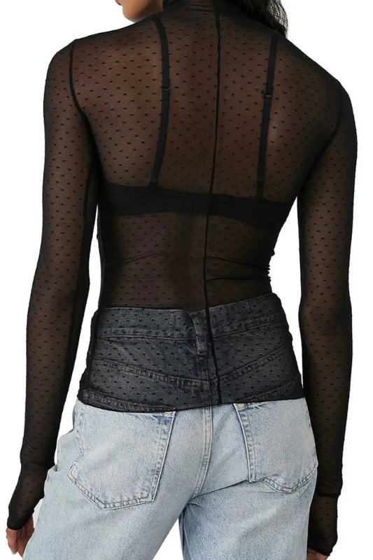 Lainey PolkaDot Mesh Top Black