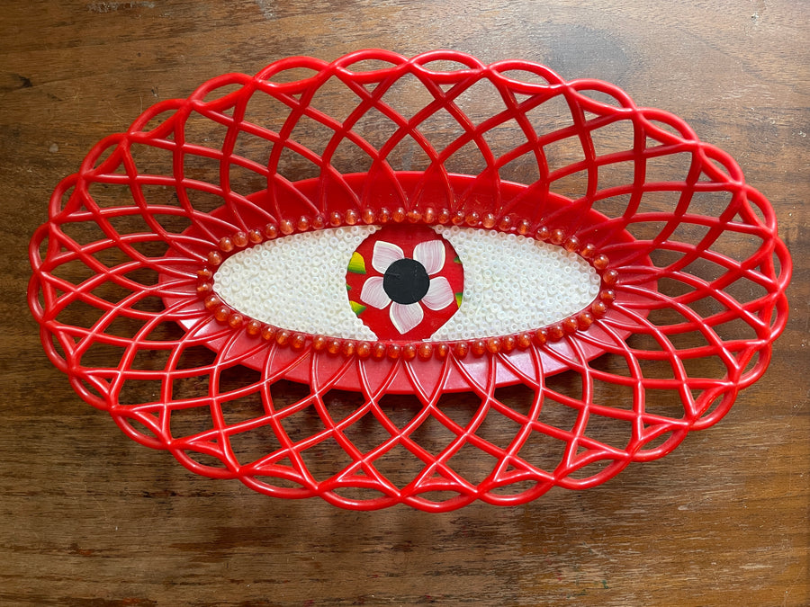 "Eyeplate Basket (red w/ white flower)" By Mary Jo