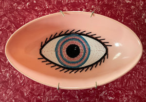 "Eyeplate Bowl (pink w/ blue target)" By Mary Jo