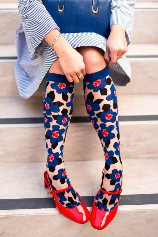 Bold Blue Floral Knee High Socks