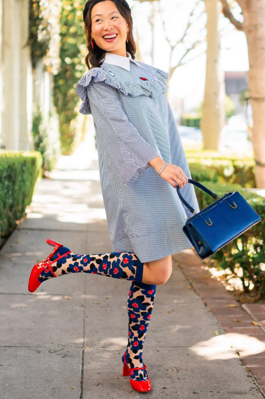 Bold Blue Floral Knee High Socks