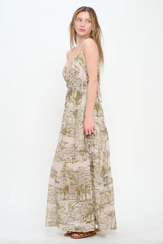 Santorini Olive Sketch Maxi Dress