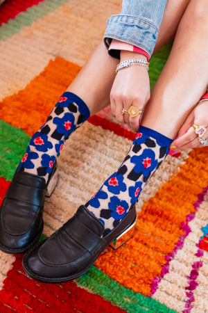 Bold Blue Floral Sheer Socks