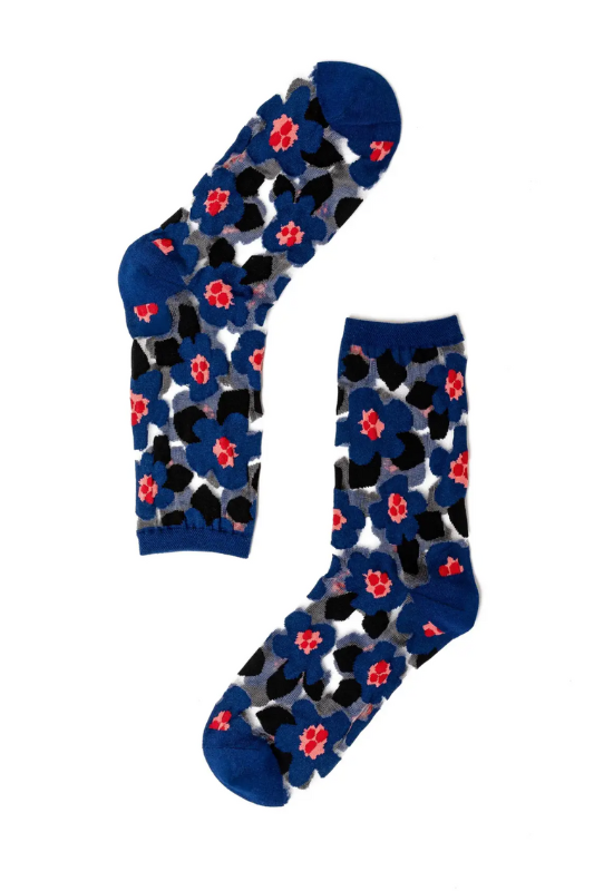 Bold Blue Floral Sheer Socks