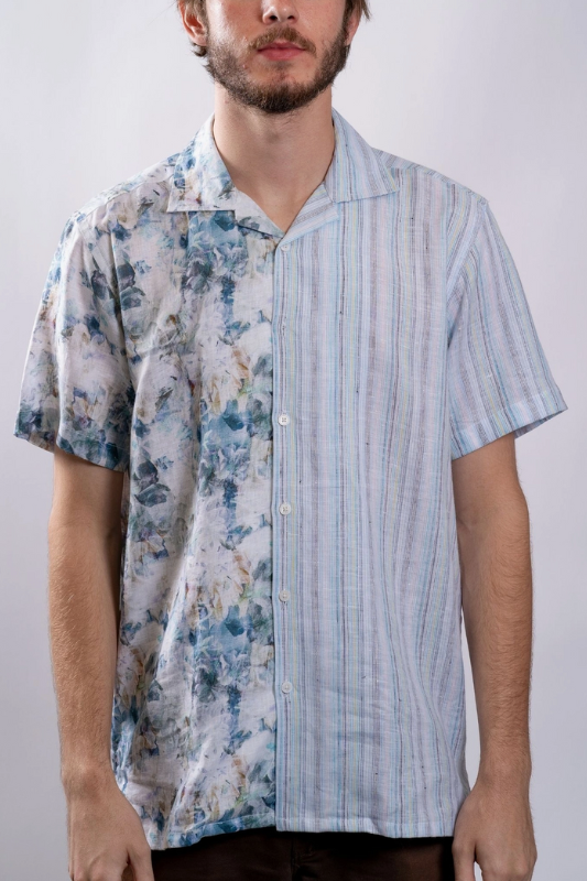Split Blue Floral Linen Shirt
