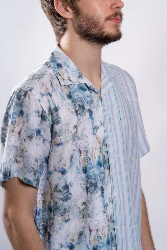 Split Blue Floral Linen Shirt