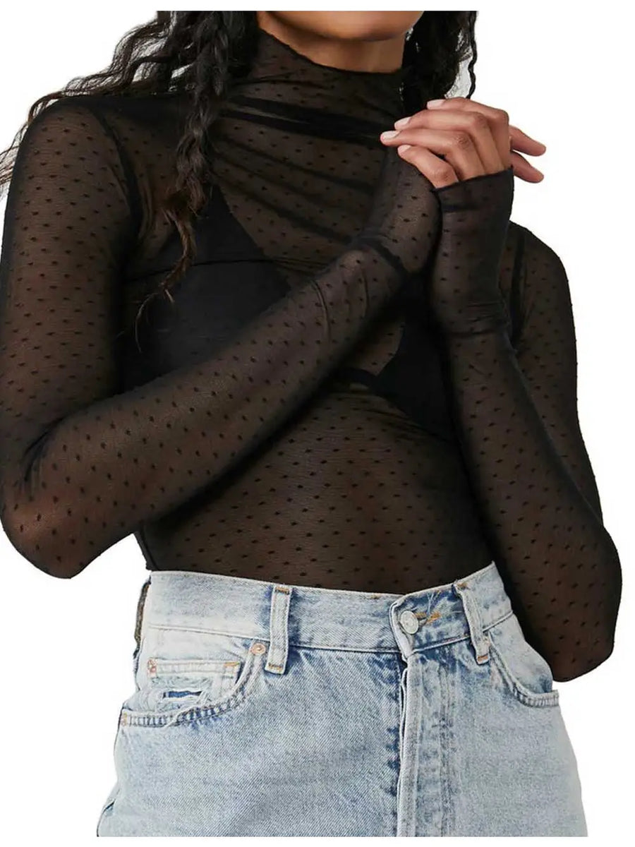 Lainey PolkaDot Mesh Top Black